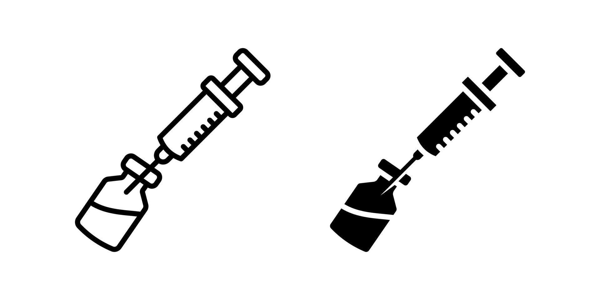 Vaccine icon set. An injection syringe needle drawing medication symbol icon in outline and silhouette style. Useful for medical, healthcare, and vaccination design projects. vector