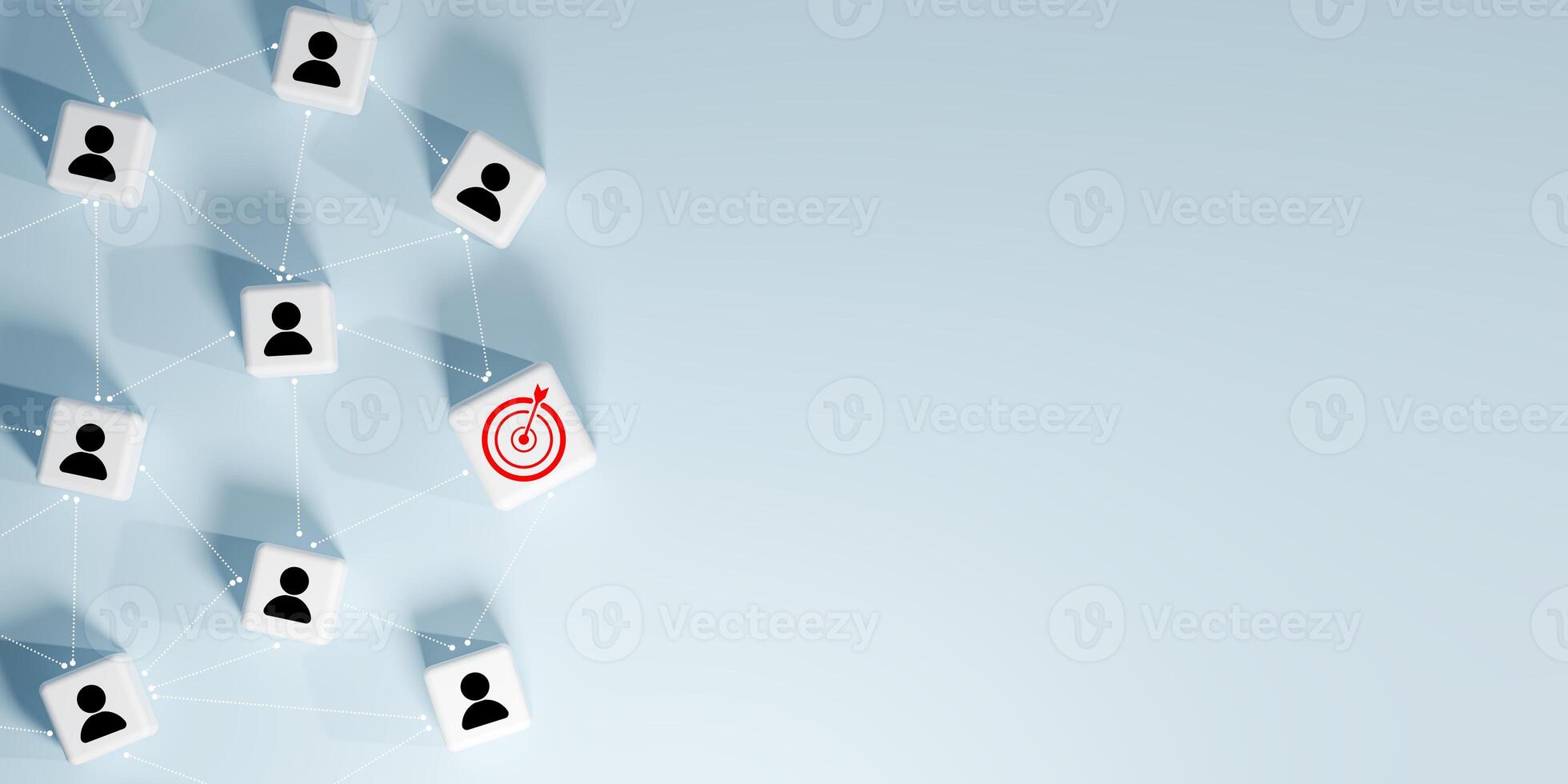 3D render of a network of interconnected white cubes with black person icons and one red target icon, symbolizing social networking, audience targeting, business goals, leadership, and strategic focus photo