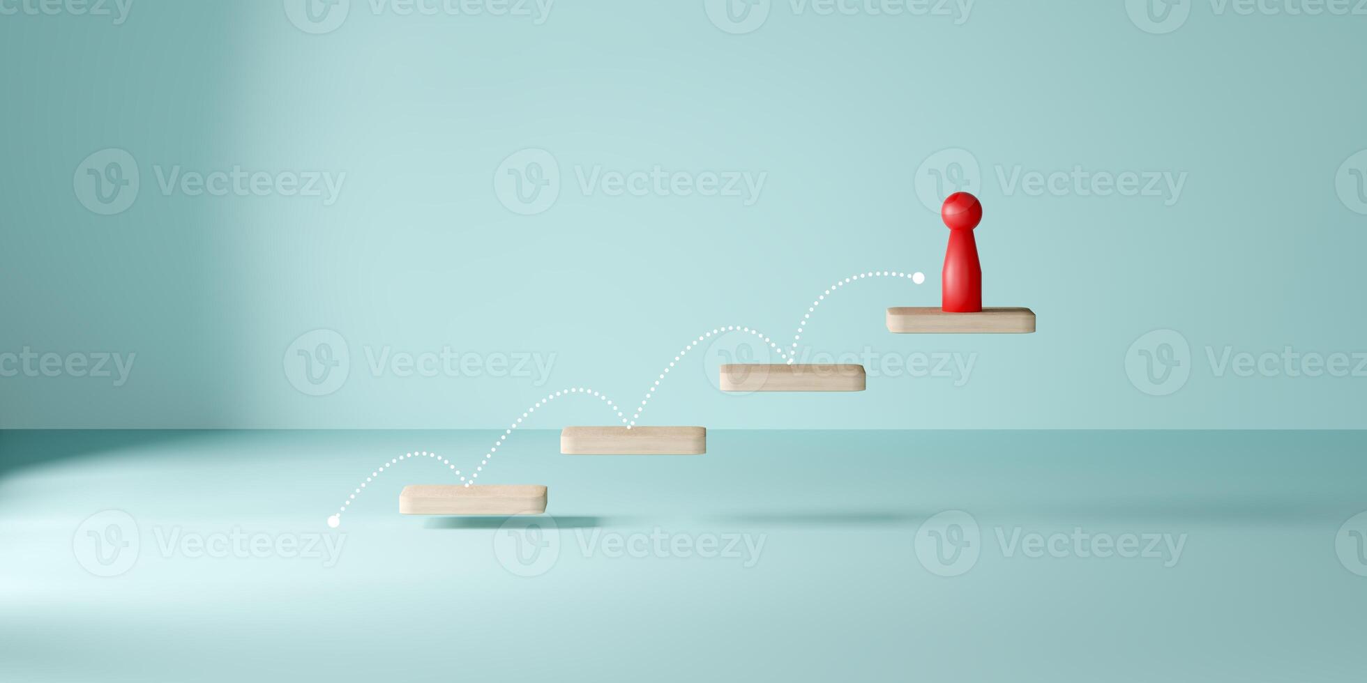Red human-shaped doll stands on top of a four-step wooden platform with a dotted path, symbolizing career progression, personal growth, achievement, success, and overcoming challenges to reach goals. photo