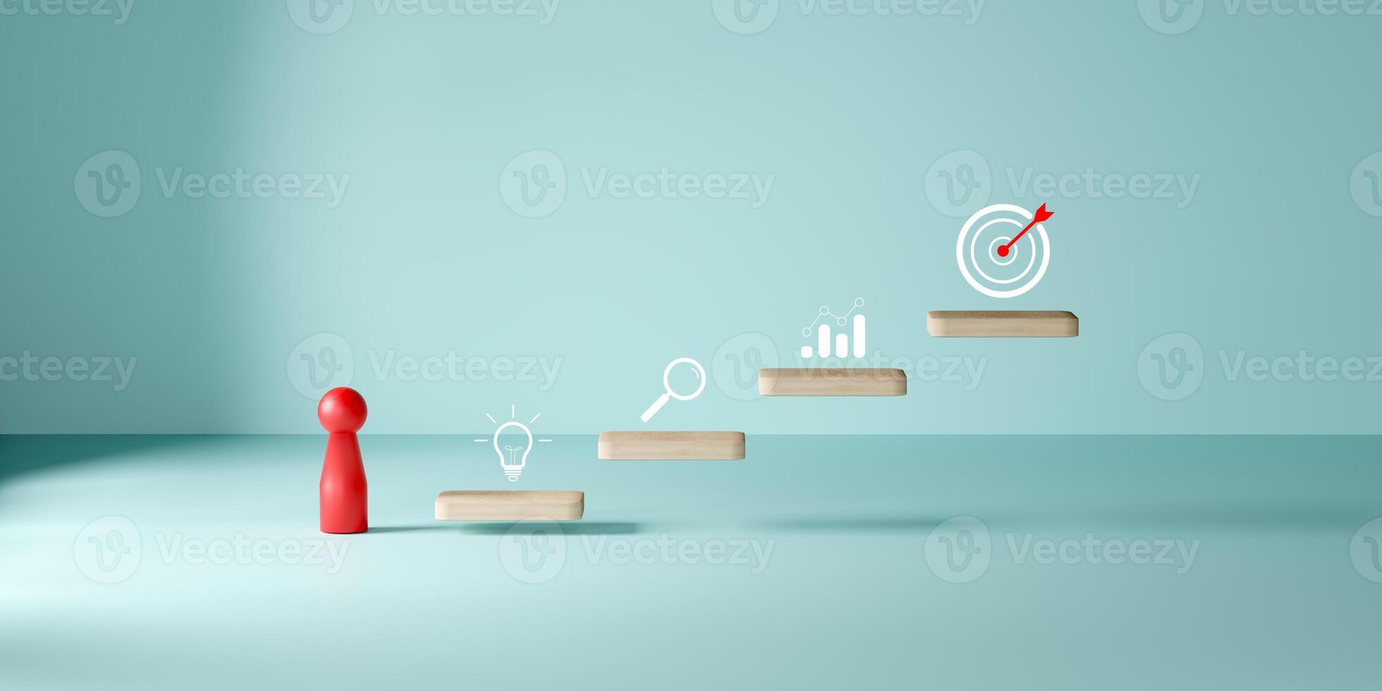 Red doll climbing wooden steps with light bulb, magnifying glass, graph, and target icon on light blue background, symbolizing business growth, goal achievement,strategy, and planning. photo