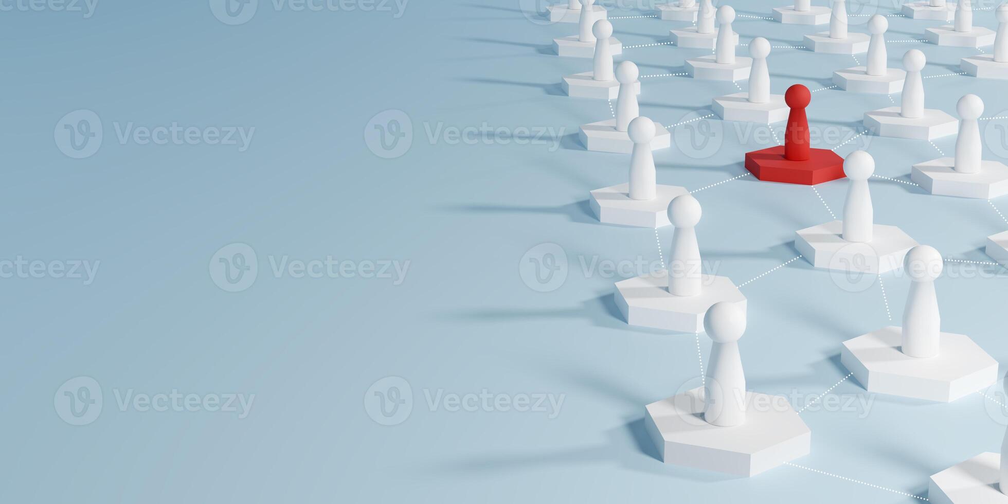 3D render of a striking red hexagonal doll standing out among a network of white hexagonal doll, symbolizing unique leadership, individuality, differentiation, and standing apart from the crowd. photo