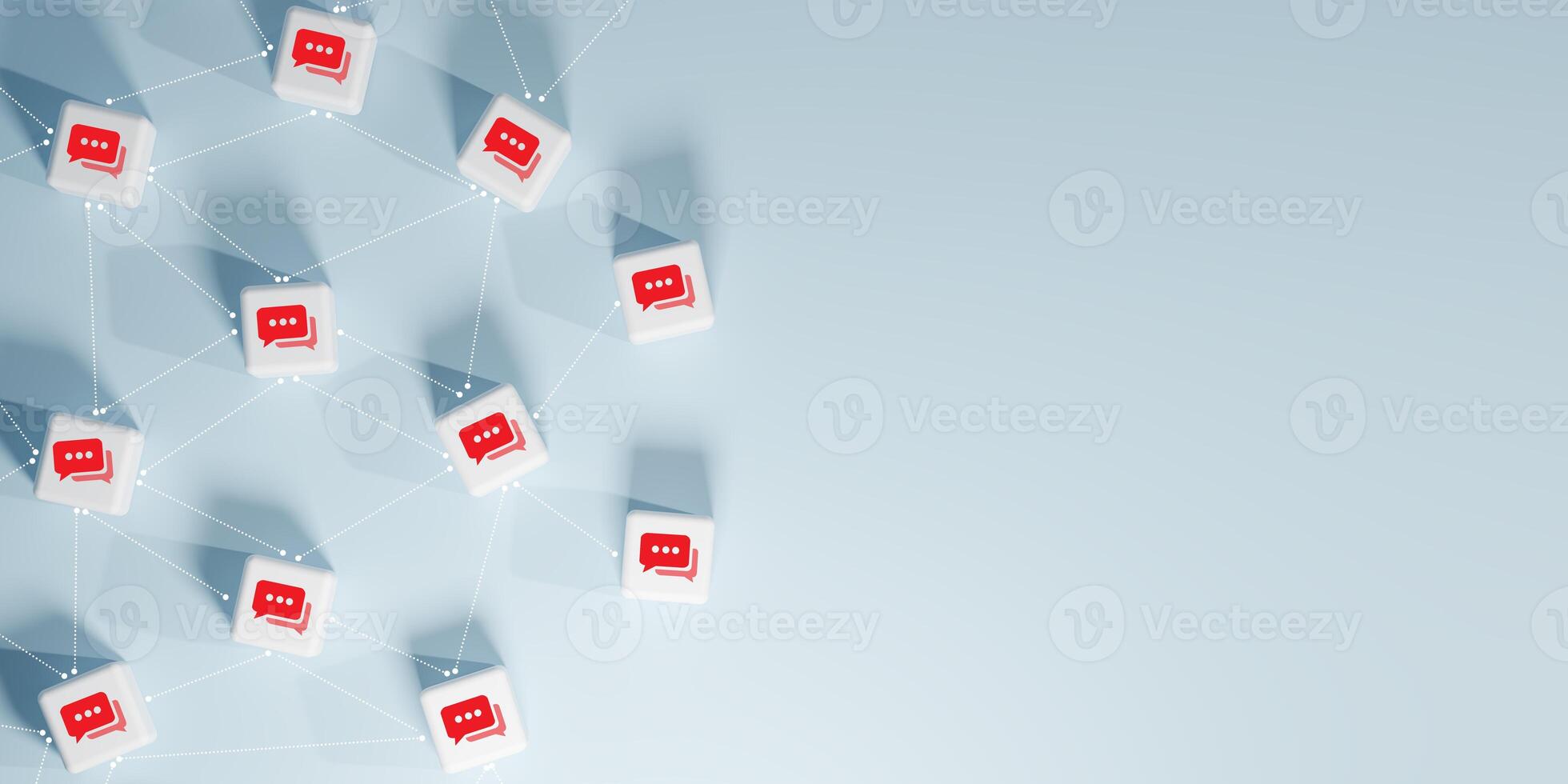 3D render of a network of interconnected white cubes with red chat bubble icons, symbolizing social media, online communication, community interaction, digital connectivity on a soft blue background. photo
