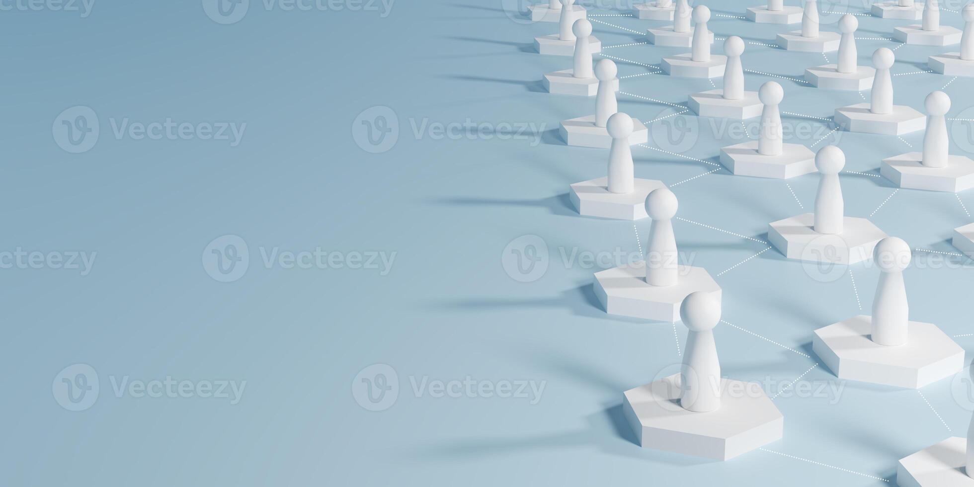 3D render of a scattered network of white hexagonal with abstract person icons, symbolizing social connections, human resources, teamwork, community, and networking opportunities. photo