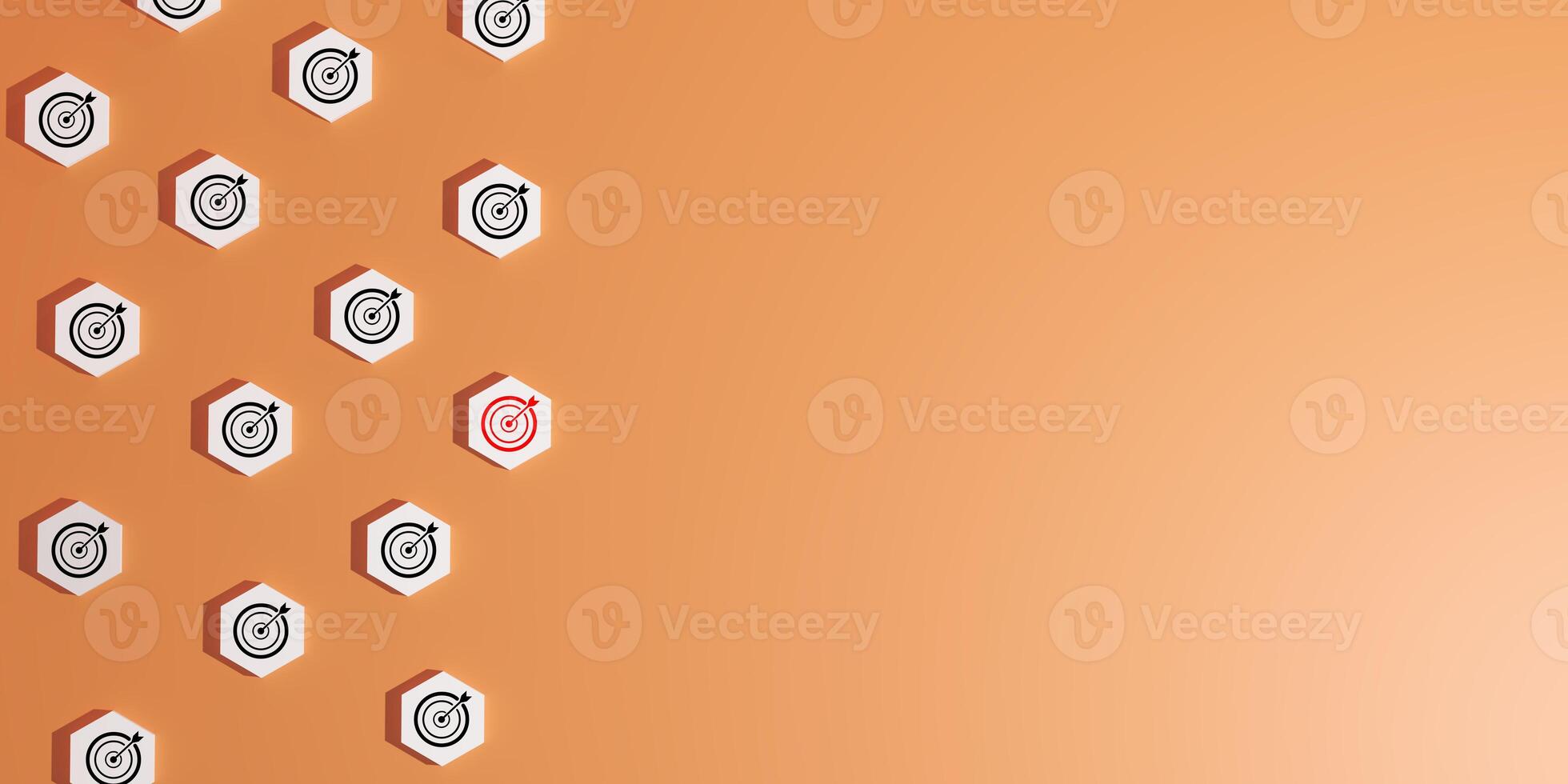 3D render of blocks with black and white target icons, featuring one distinct red target, set on orange background, symbolizing focused goals, strategic objectives, precision, identifying key targets. photo