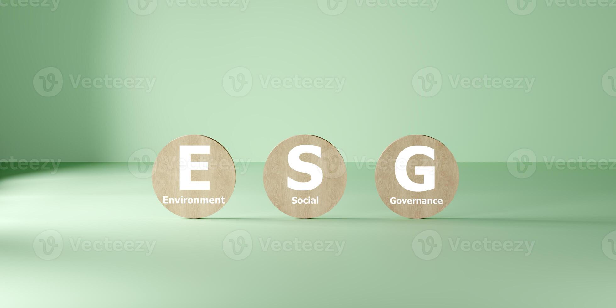 3D render of three round wooden blocks spelling ESG, representing sustainable business, corporate responsibility, environmental awareness, ethical investment, governance on soft green background. photo