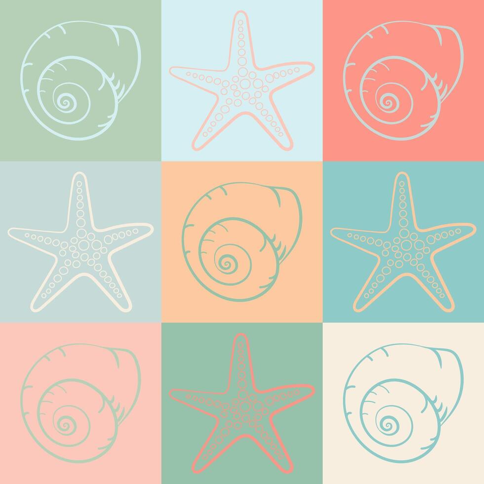 Seamless marine tile pattern with starfish and seashells in pastel squares. Nautical style design for summer, beach or vacation themes. vector