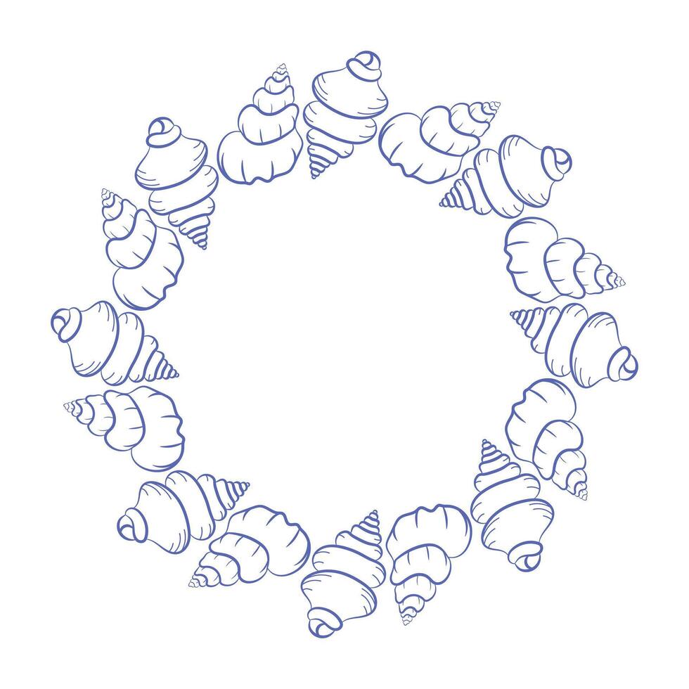 Circular wreath made of spiral cone seashells in detailed outline style. Marine frame for coastal branding, packaging, or beach wedding stationery. vector