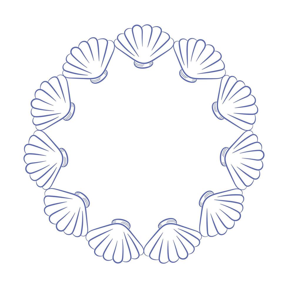 Round frame made of scallop shells in minimal linear style. Blue outline seashell wreath for marine design, summer invitations and ocean-themed decor. vector