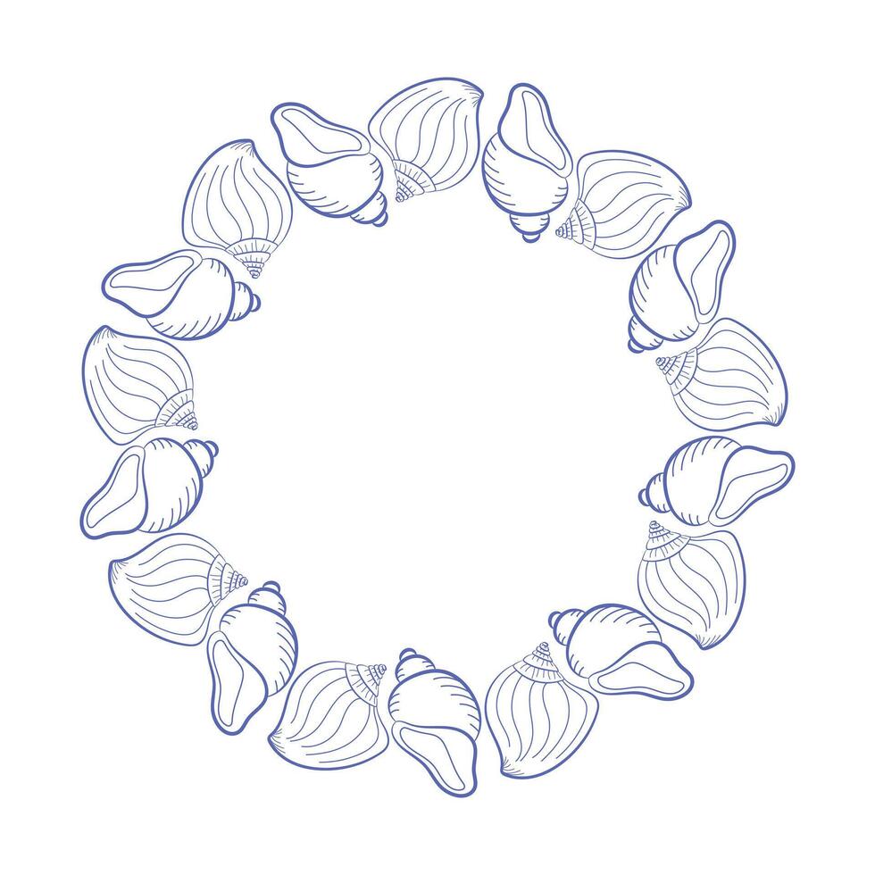 Symmetrical seashell circle frame with elegant outlines. Marine hand-drawn border for summer greeting cards, beach wedding decor or sea-themed packaging. vector
