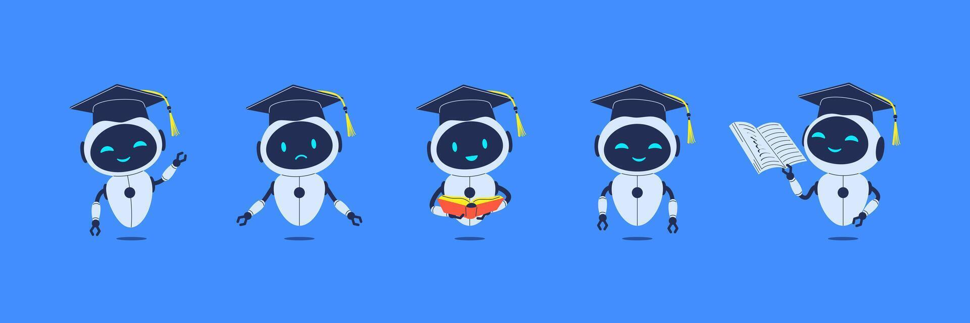 cheerful graduation robots with books vector