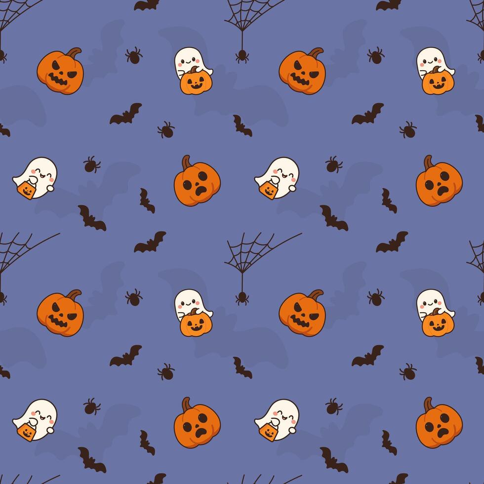 Seamless Halloween pattern with ghosts, pumpkins, bats, and spider webs on purple background vector