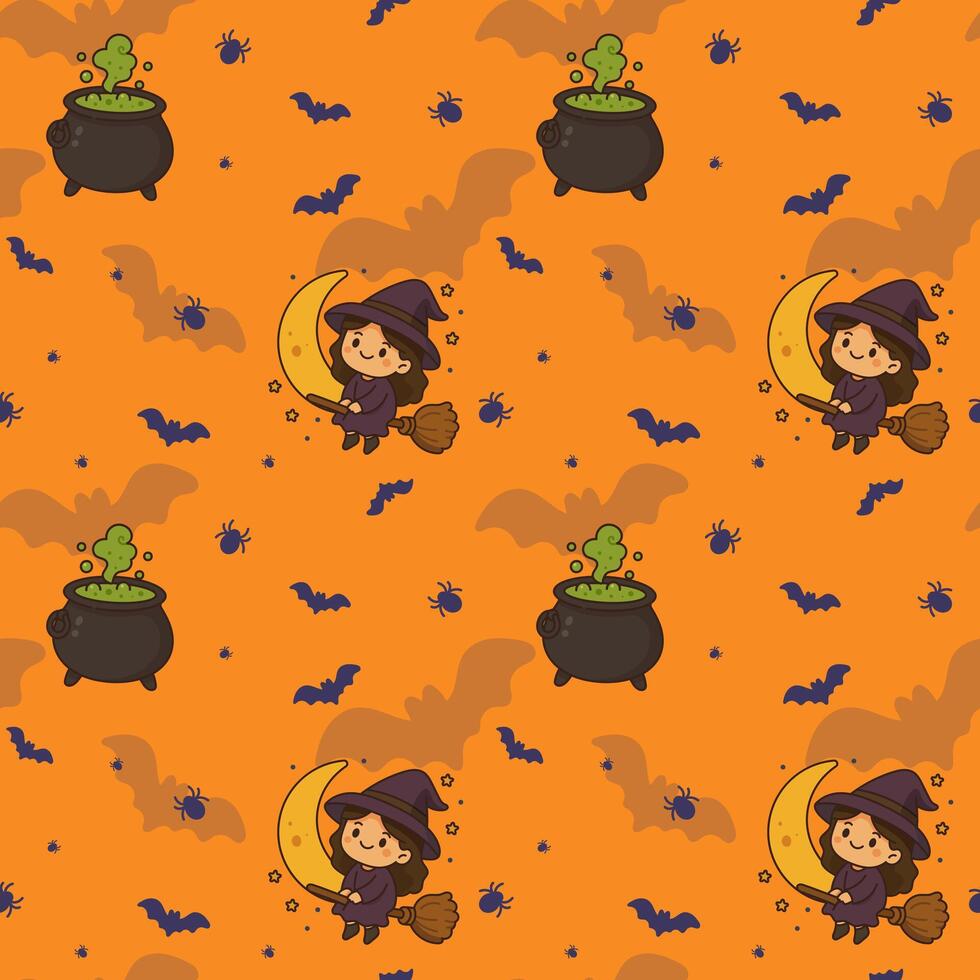 Halloween pattern with cute witches and bats vector
