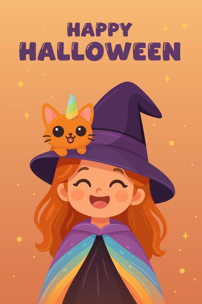 Cute witch with cat for Halloween vector