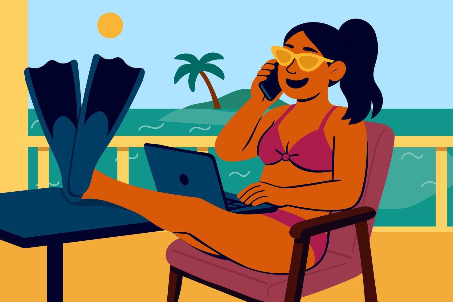 Woman working remotely on the beach vector