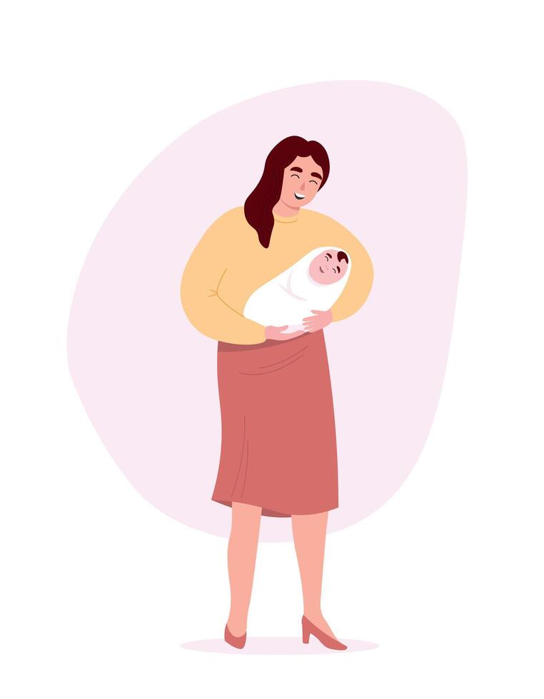Woman holding newborn baby illustration vector