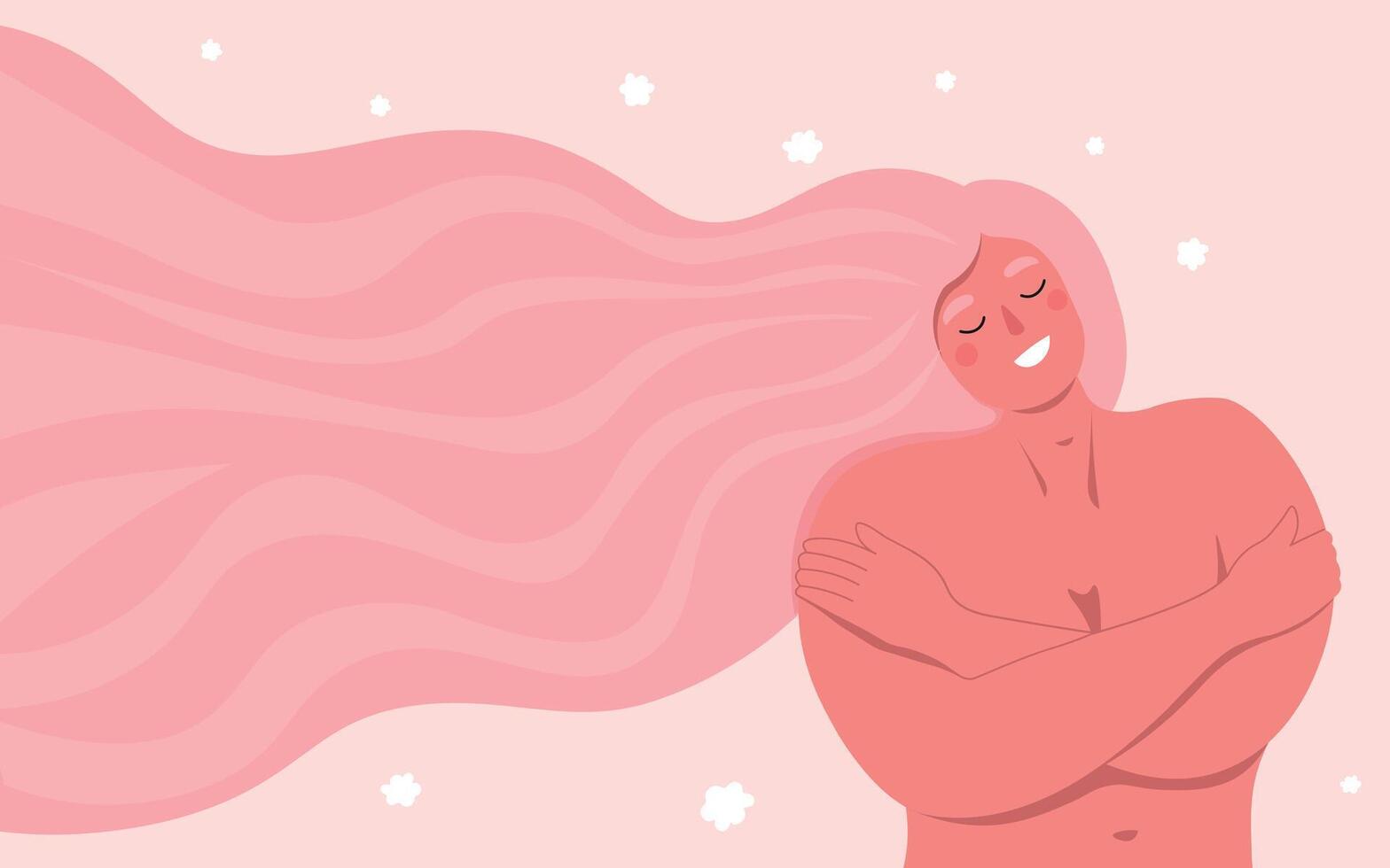 Woman with pink hair embracing herself vector