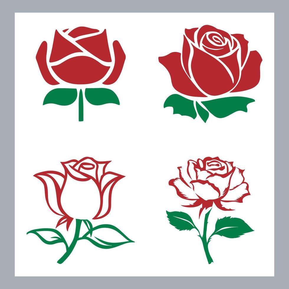 Four Stylish Red Rose Designs Elegant Floral Illustrations for Romantic Projects, Branding, and Invitations - Professional digital artwork with vibrant colors and detailed composition vector