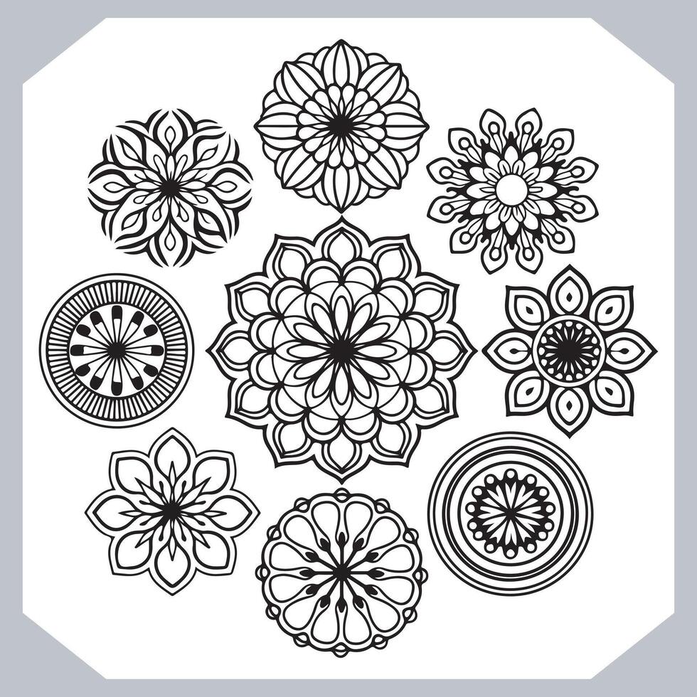 Serene Black and White Mandala Collection Intricate Floral Designs for Coloring, Meditation, and Artistic Inspiration vector