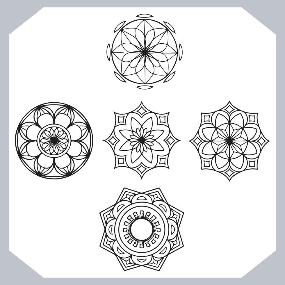 Five Intricate Black and White Mandala Designs for Coloring, Meditation, and Artistic Inspiration - Professional digital artwork with vibrant colors and detailed composition vector