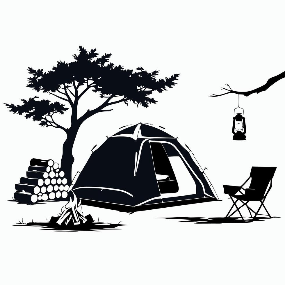 Camping Tent and Campfire Scene with Trees Chair Lantern and Wood Logs in Nature vector