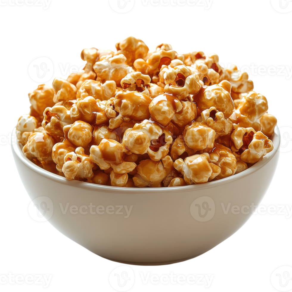 Caramel popcorn served in a white bowl ready for sharing at a festive gathering or movie night, Transparent Background png