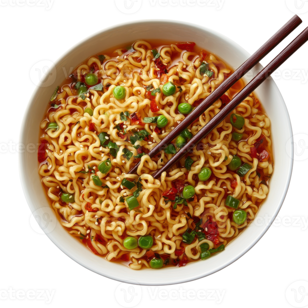 Bowl of spicy noodle soup with green peas in broth and chopsticks ready to eat, Transparent Background png