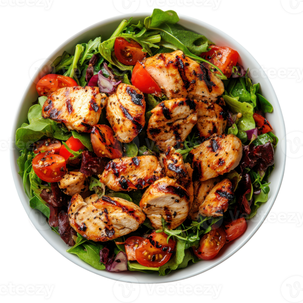 Grilled chicken salad prepared with fresh greens and cherry tomatoes served in a large bowl, Transparent Background png