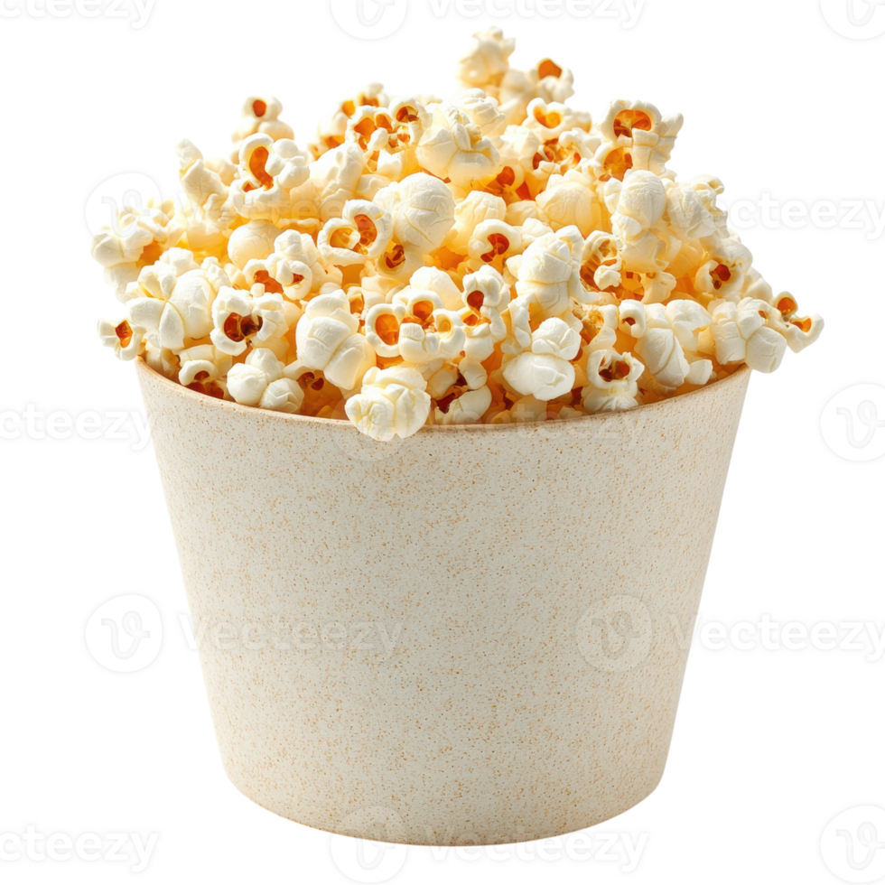 Freshly popped popcorn in a biodegradable container ready for movie night at home or a fun outdoor gathering with friends and family, Transparent Background png