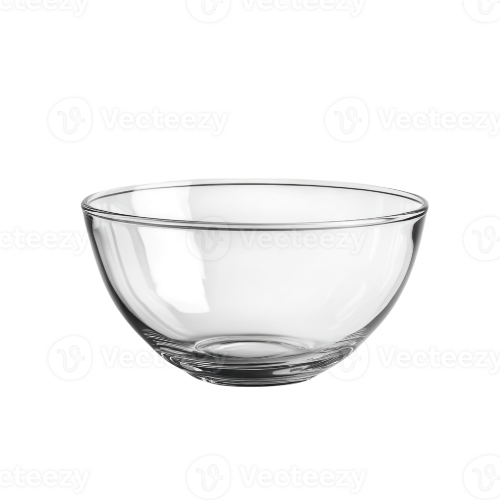 Clear glass bowl perfect for serving salads, snacks, or desserts in a kitchen setting, Transparent Background png
