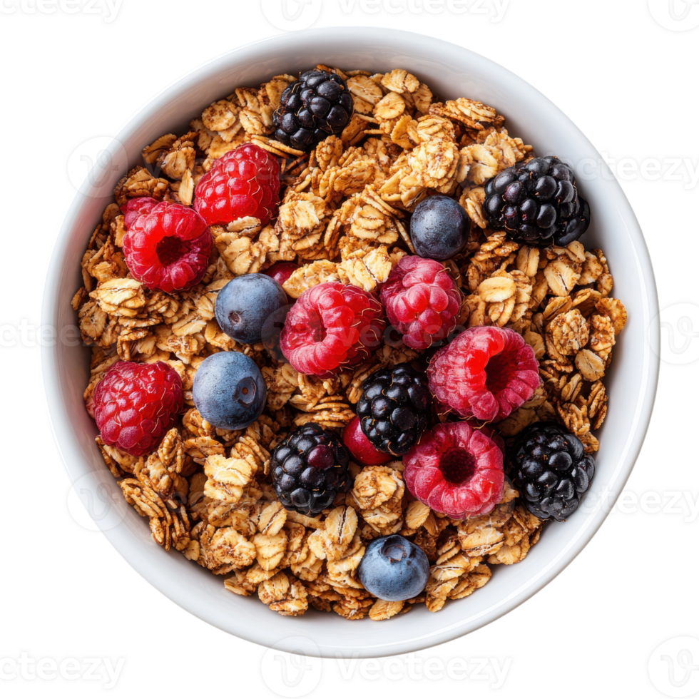 Fresh berry granola bowl with colorful fruits for a nutritious breakfast, Transparent Background png