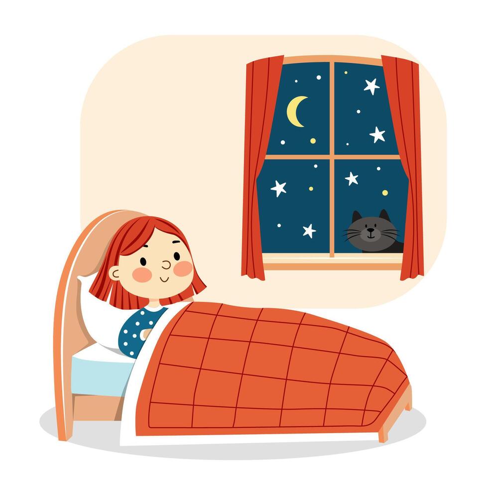 Girl in bed with a cat vector