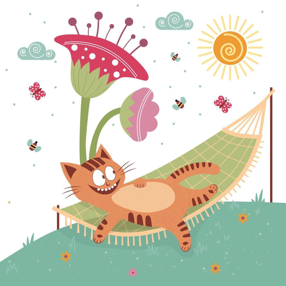 Cat lounging in a colorful garden hammock vector