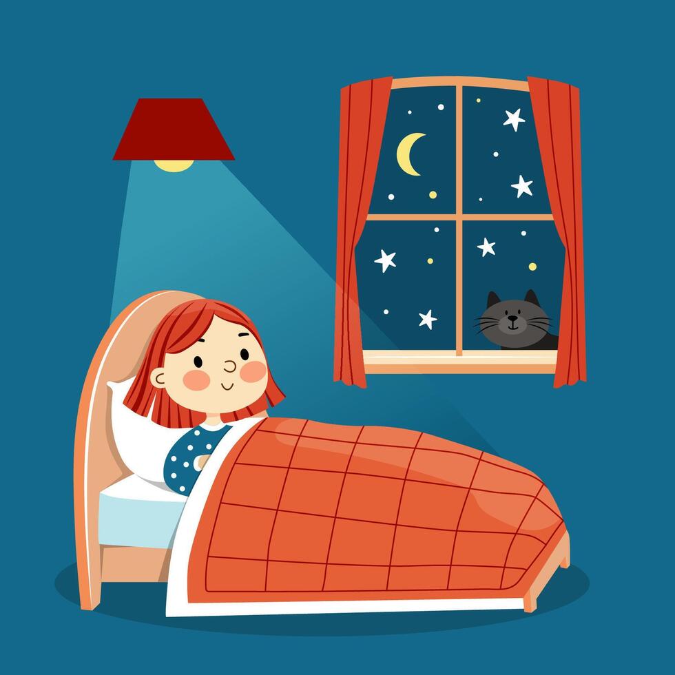 Girl sleeping with cat by window vector