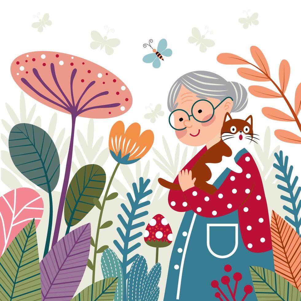 Woman with cat in a garden vector
