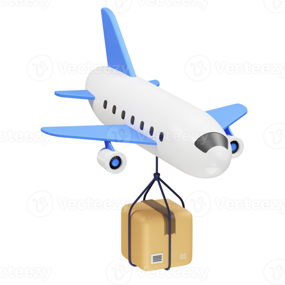 Airplane transporting a package icon 3d render. Air cargo icon 3d render illustration png