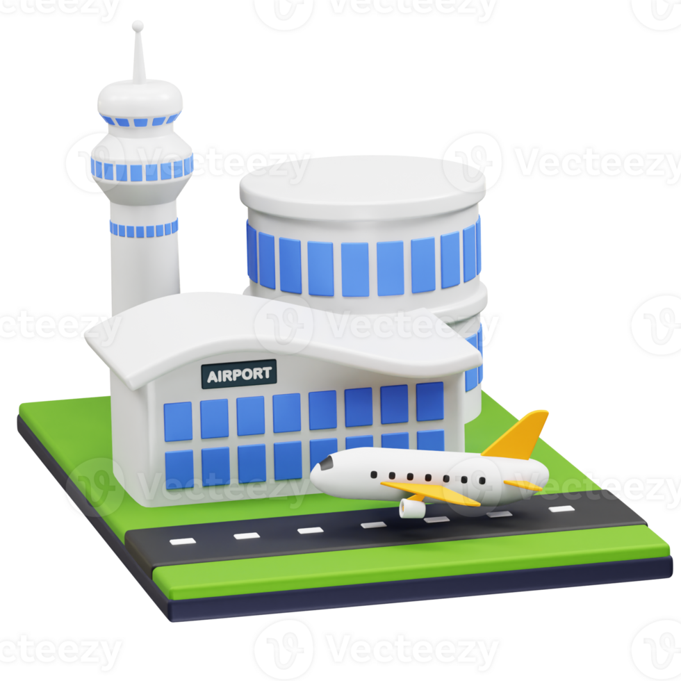 Airport with Airplane and Control Tower icon 3d render illustration png