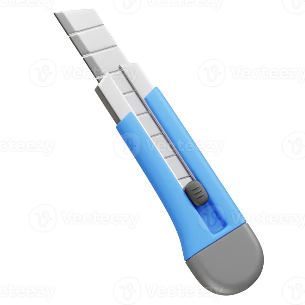 Blue utility knife with retractable blade icon 3d. Cutter knife icon 3d png