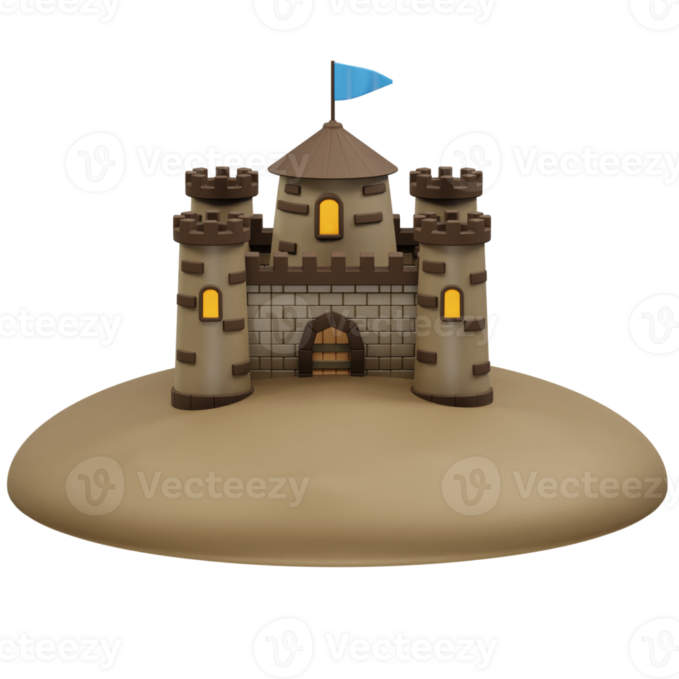 sand castle with a blue flag on an island of sand icon 3d rendering illustration png