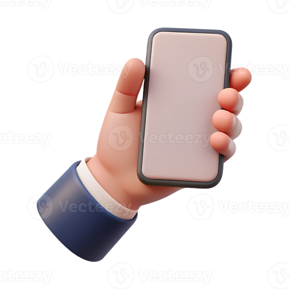Cartoon hand with blank phone screen on transparent background png