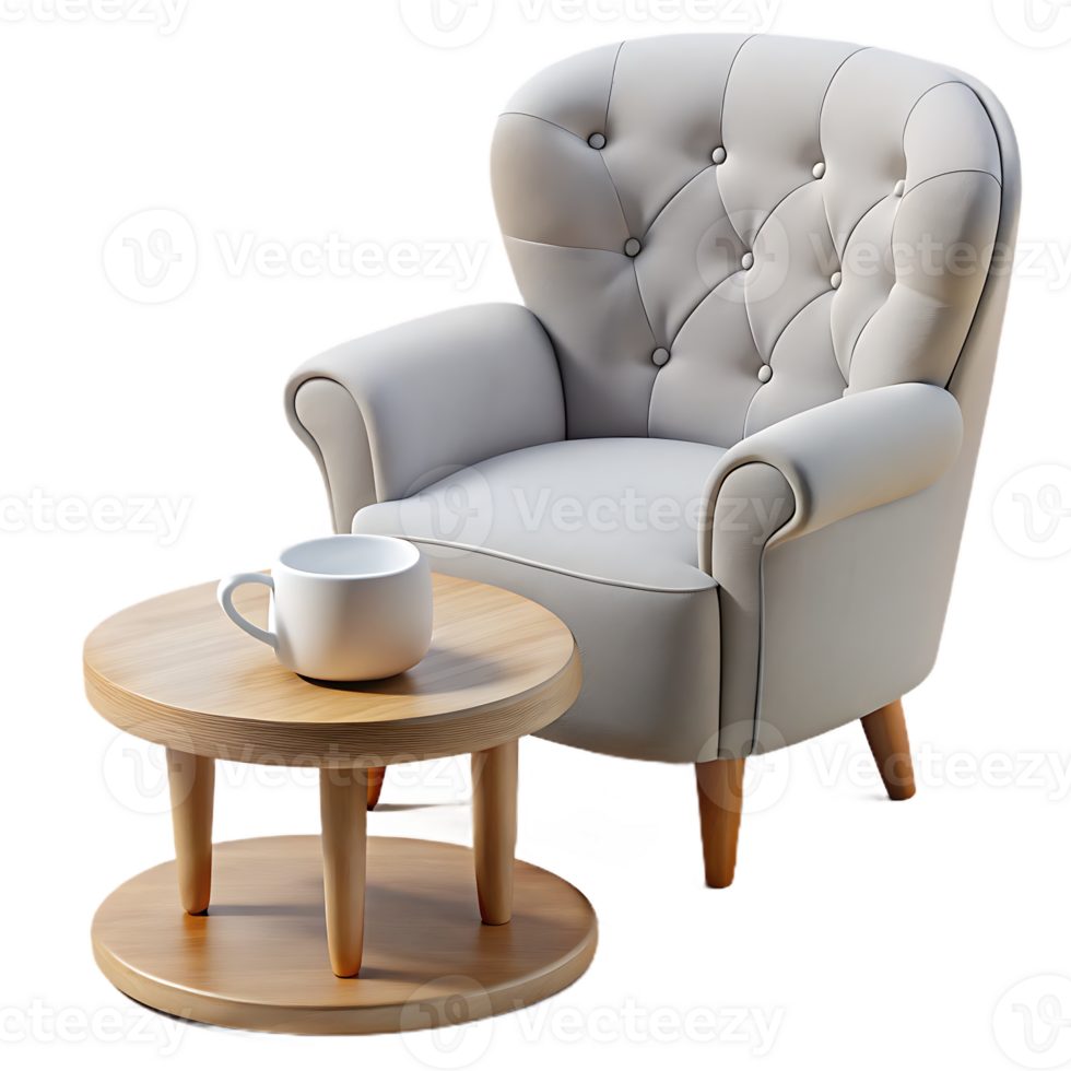 Cozy armchair with table and cup of coffee png