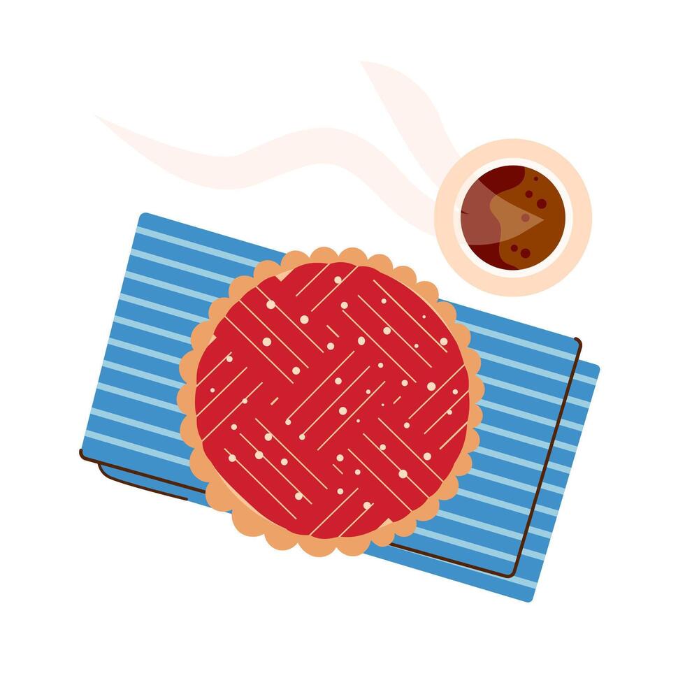 Rhubarb Pie and hot coffee top view illustration. Homemade sweet berry tart vector