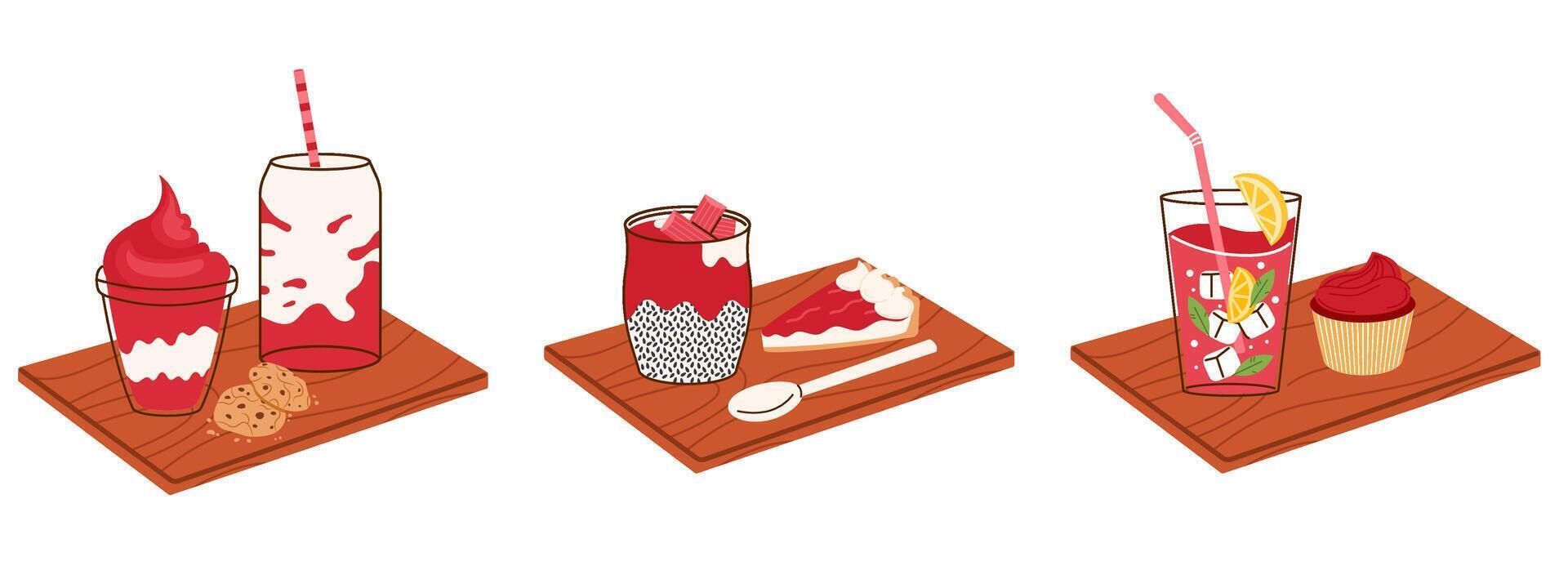 Rhubarb dessert, cold drink and food on wood board, illustration set vector