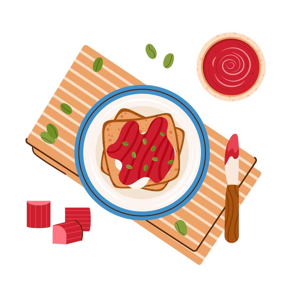 Plate with rhubarb jam, sweet toast illustration vector