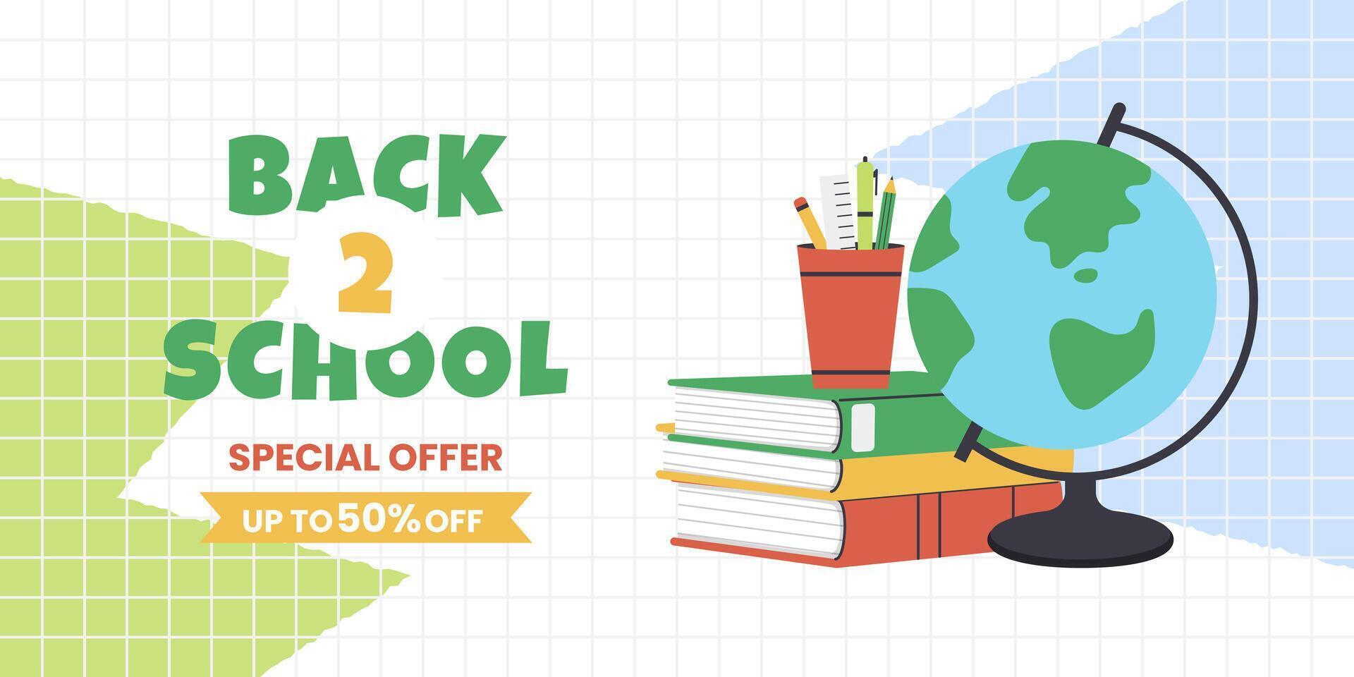 Back to School sale banner notebook, books and globe design vector