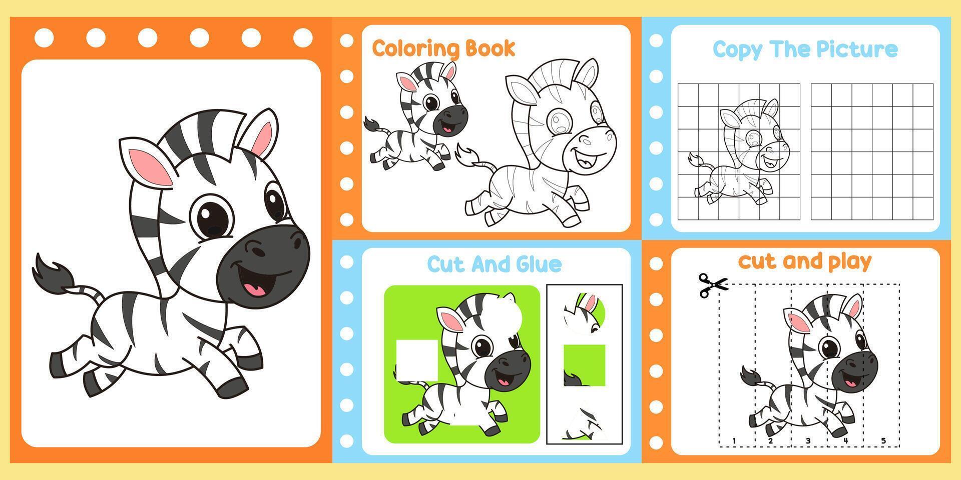 worksheets pack for kids a zebra . vector