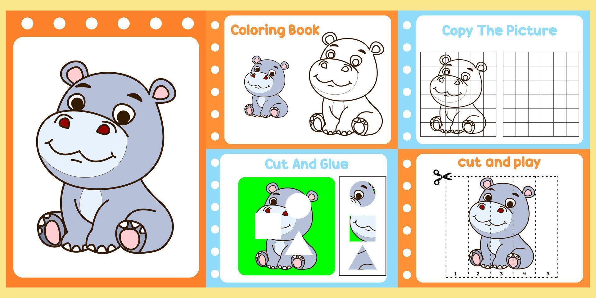 worksheets pack for kids a LITTLE hippo . vector
