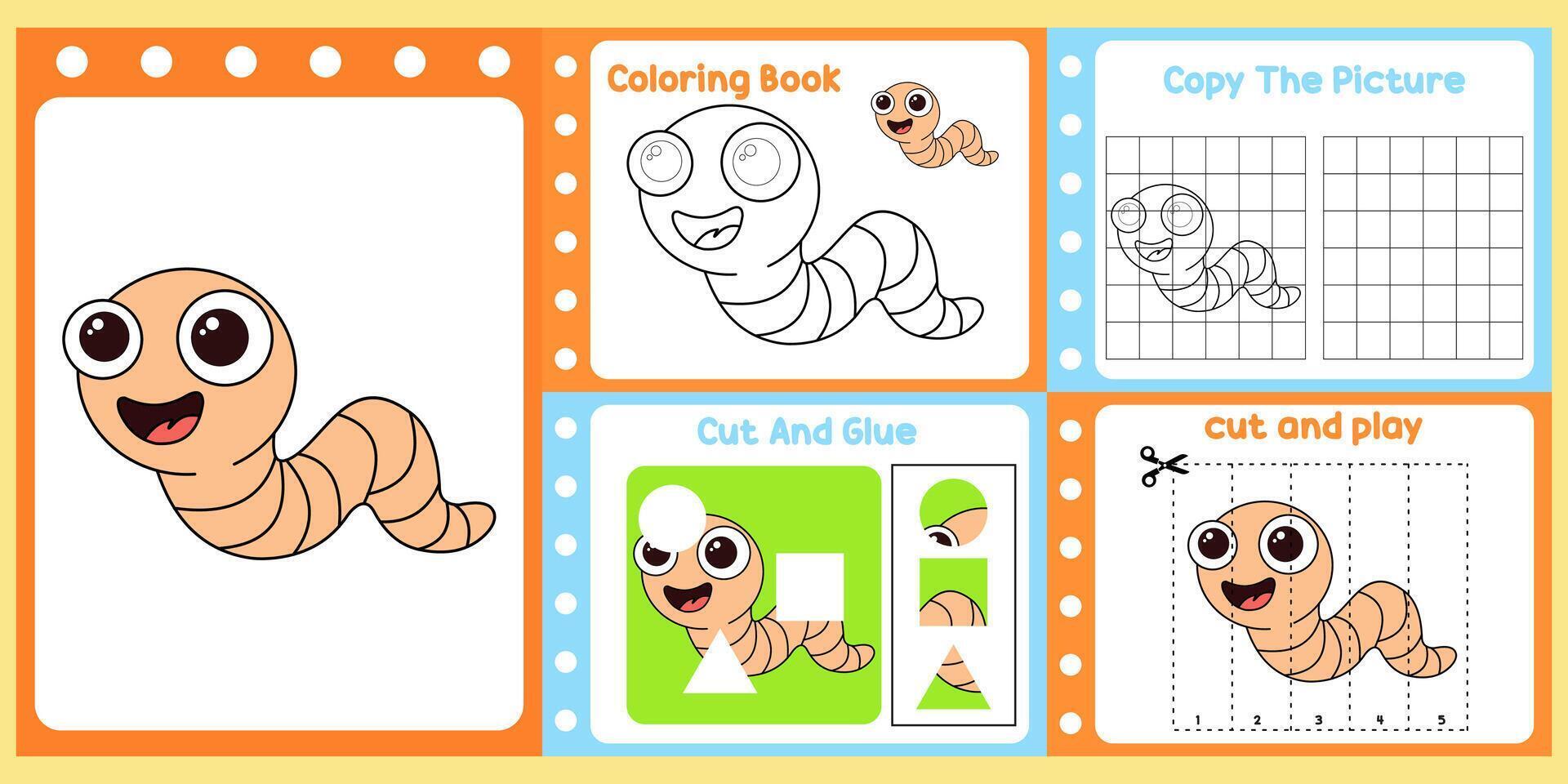 worksheets pack for kids a little worm . vector