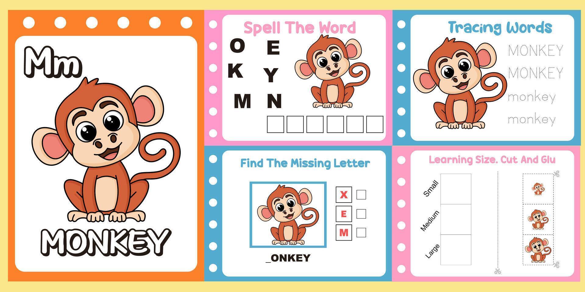 worksheets pack for kids a cute monkey . vector