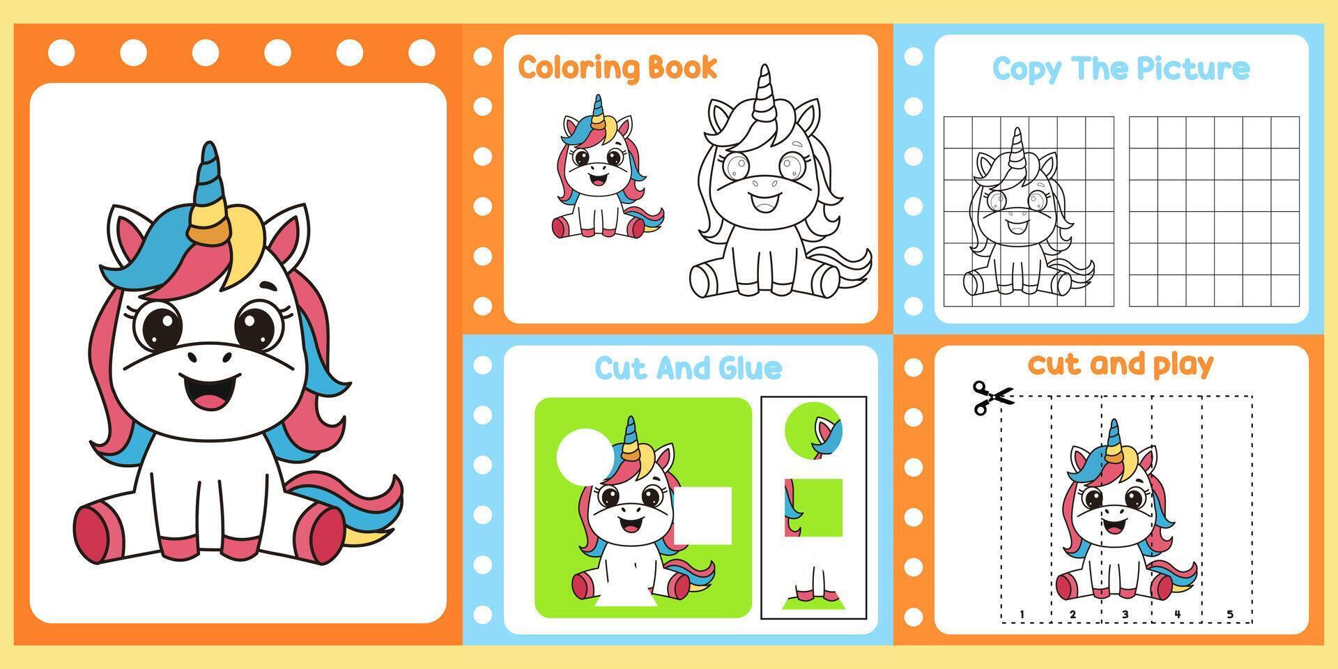 worksheets pack for kids a cute unicorn . vector