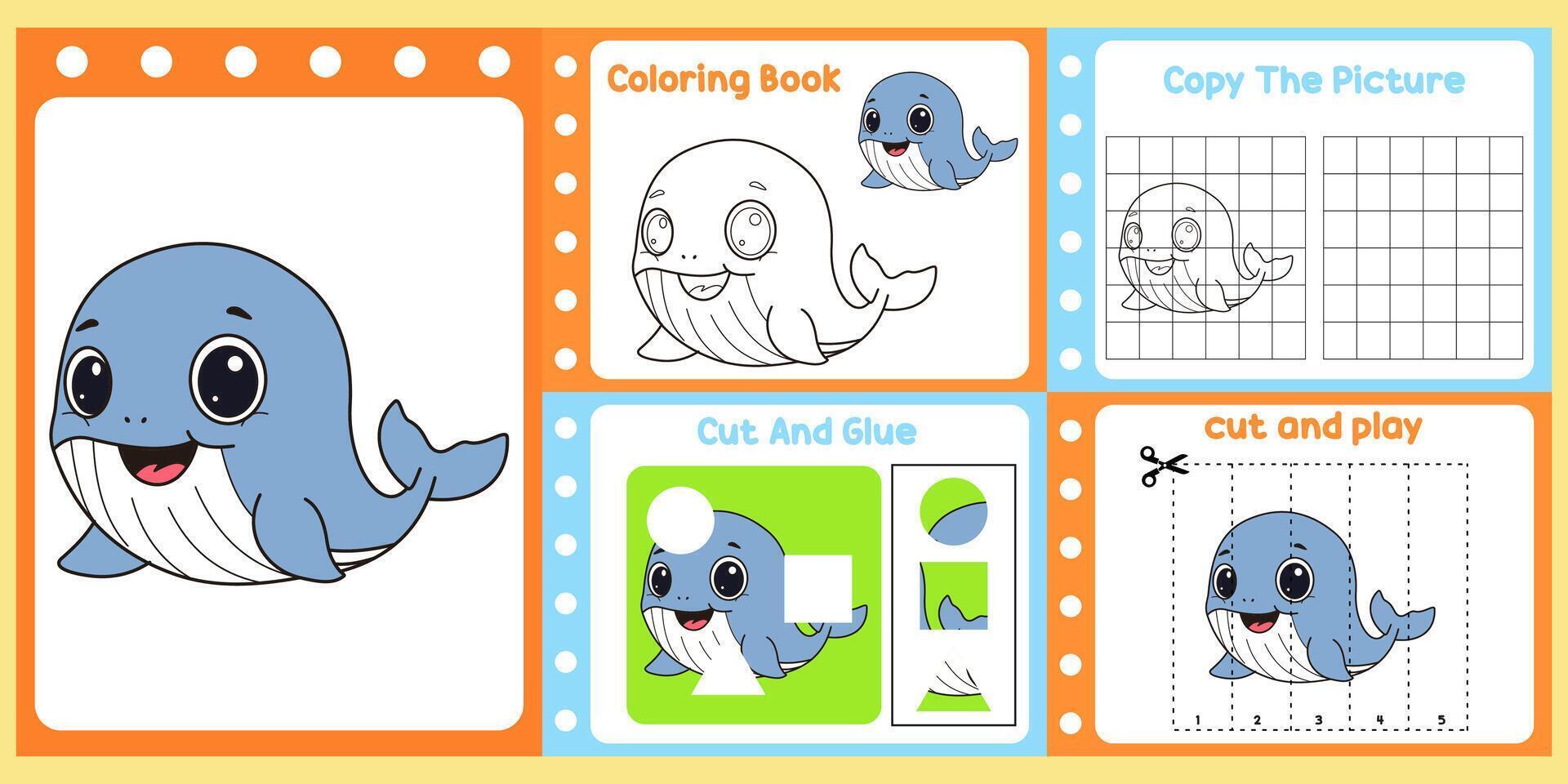 worksheets pack for kids a whale . vector